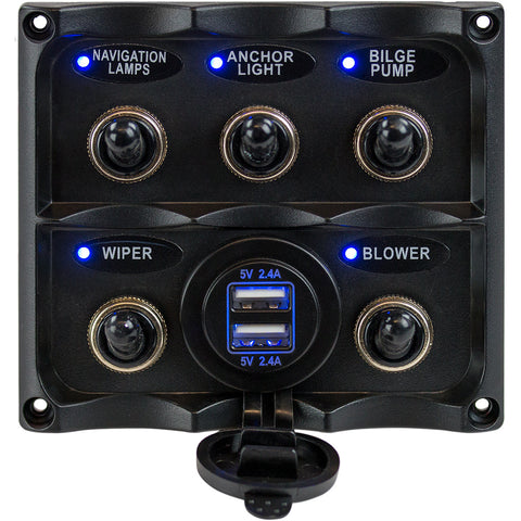 Sea-Dog Water Resistant Toggle Switch Panel w/USB Power Socket - 5 Toggle [424617-1]