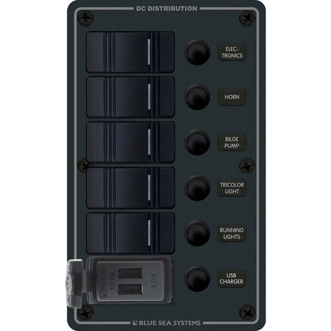 Blue Sea 8521 - 5 Position Contura Switch Panel w/Dual USB Chargers - 12/24V DC - Black [8521]